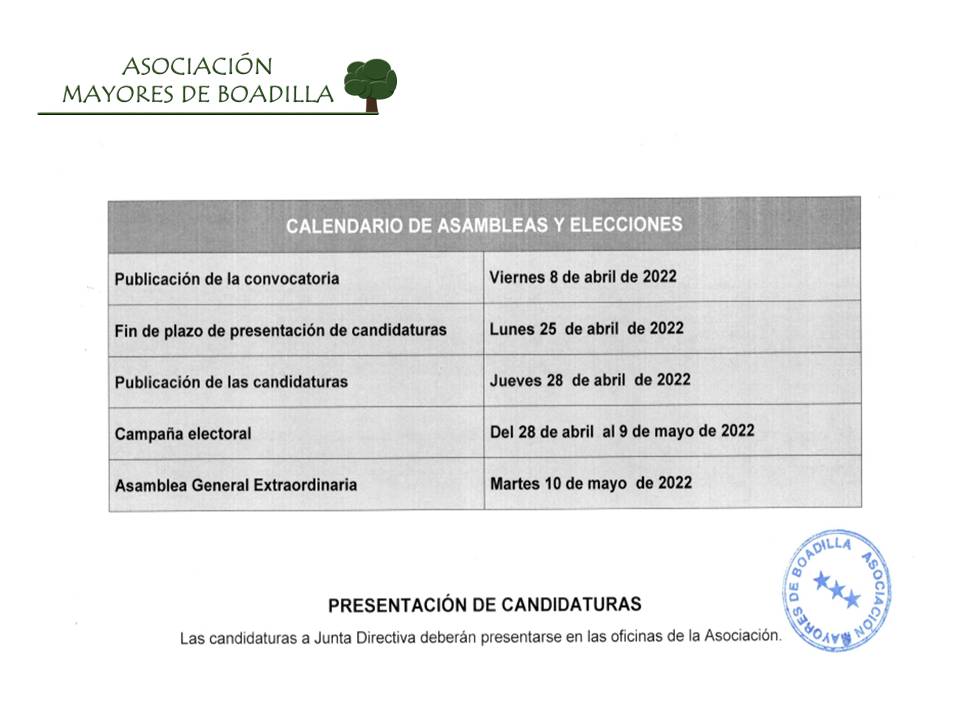 CALENDARIO DE ASAMBLEA Y ELECCIONES